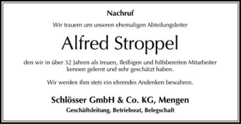 Anzeige von Alfred Stroppel von Schwäbische Zeitung