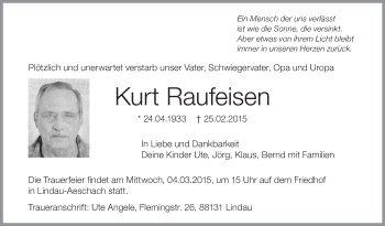 Anzeige von Kurt Raufeisen von Schwäbische Zeitung