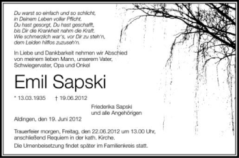 Anzeige von Emil Sapski von Schwäbische Zeitung