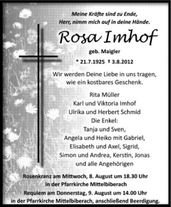 Anzeige von Rosa Imhof von Schwäbische Zeitung