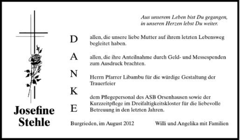  Traueranzeige für Josefine Stehle vom 22.08.2012 aus Schwäbische Zeitung