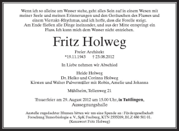 Anzeige von Fritz Holweg von Schwäbische Zeitung