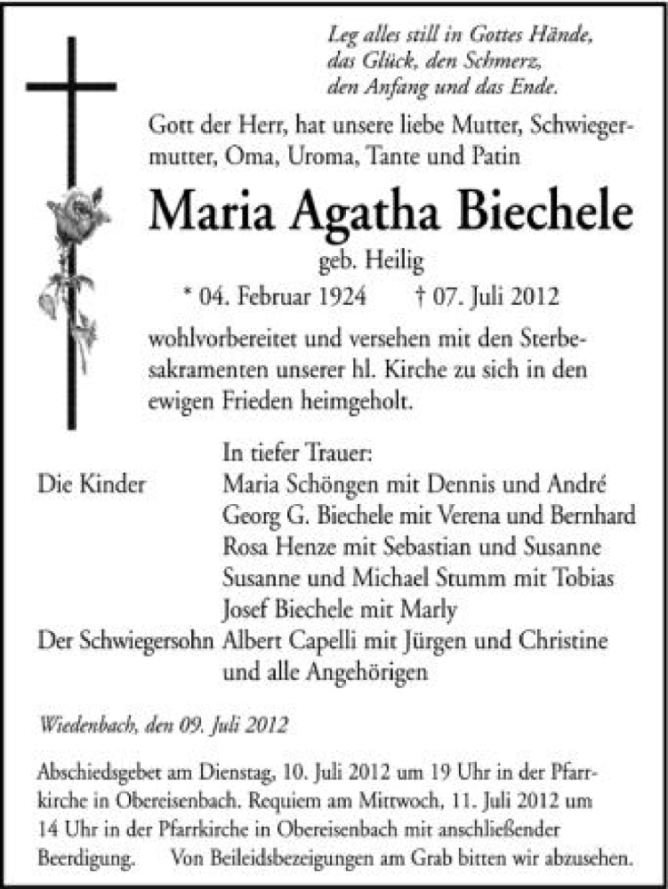  Traueranzeige für Maria Agatha Biechele vom 10.07.2012 aus Schwäbische Zeitung