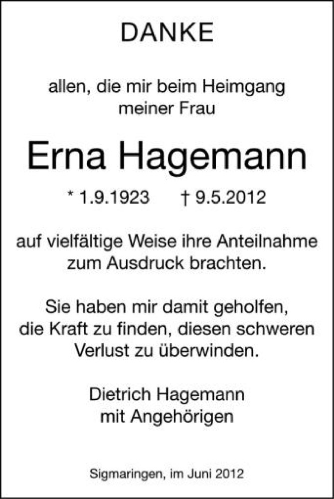  Traueranzeige für Erna Hagemann vom 23.06.2012 aus Schwäbische Zeitung