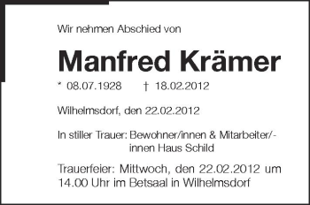 Anzeige von Manfred Krämer von Schwäbische Zeitung