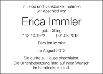 Anzeige von Erica Immler von Schwäbische Zeitung