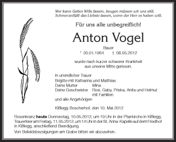 Anzeige von Anton Vogel von Schwäbische Zeitung