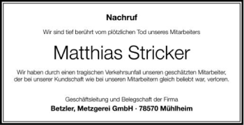 Anzeige von Matthias Stricker von Schwäbische Zeitung