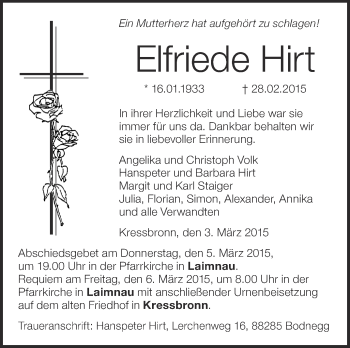 Anzeige von Elfriede Hirt von Schwäbische Zeitung