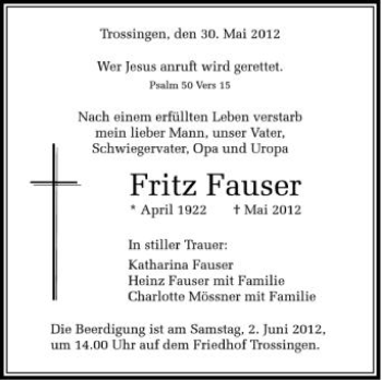 Anzeige von Fritz Fauser von Schwäbische Zeitung