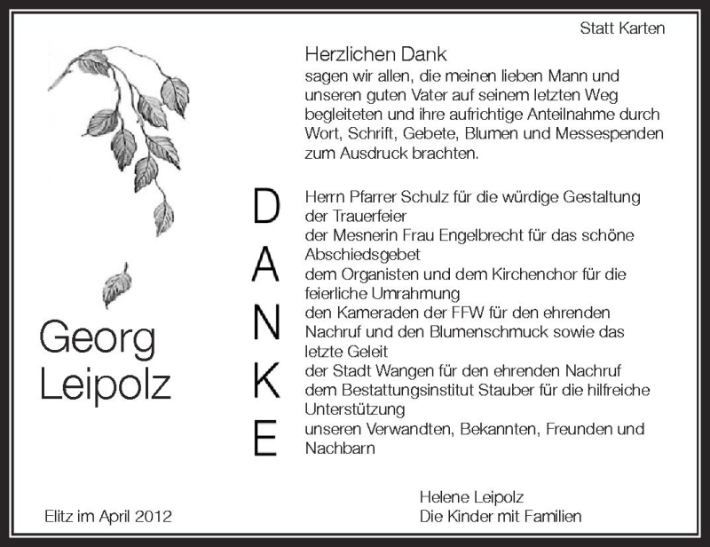  Traueranzeige für Georg Leipolz vom 14.04.2012 aus Schwäbische Zeitung