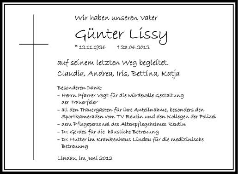  Traueranzeige für Günter Lissy vom 04.07.2012 aus Schwäbische Zeitung