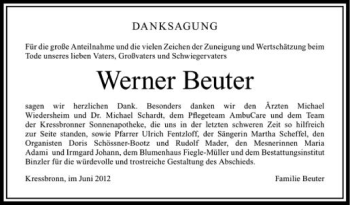 Anzeige von Werner Beuter von Schwäbische Zeitung