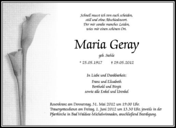 Anzeige von Maria Geray von Schwäbische Zeitung