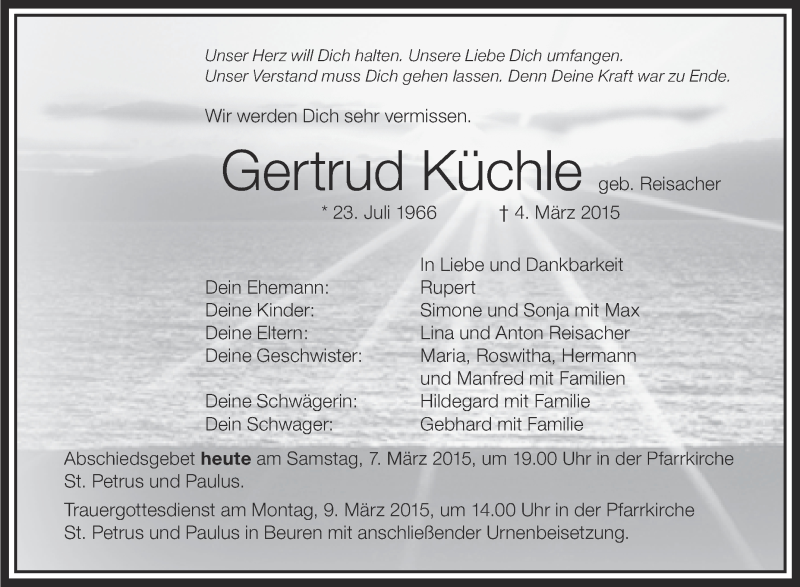  Traueranzeige für Gertrud Küchle vom 07.03.2015 aus Schwäbische Zeitung
