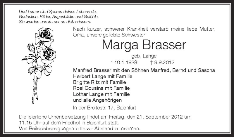  Traueranzeige für Marga Brasser vom 19.09.2012 aus Schwäbische Zeitung