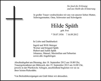 Anzeige von Hilde Späth von Schwäbische Zeitung