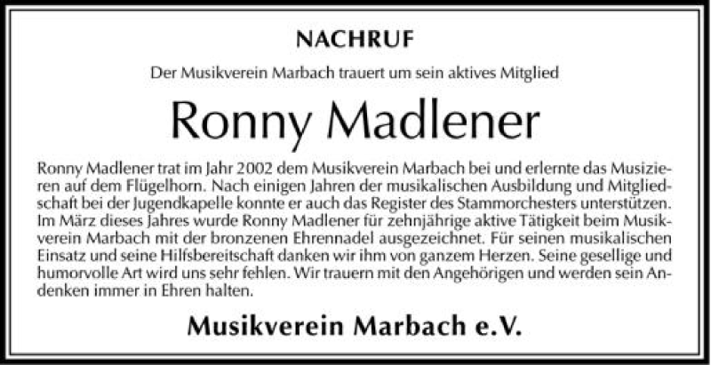  Traueranzeige für Ronny Madlener vom 06.06.2012 aus Schwäbische Zeitung