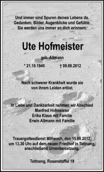 Anzeige von Ute Hofmeister von Schwäbische Zeitung