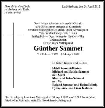 Anzeige von Günther Sammet von Schwäbische Zeitung