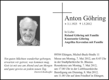 Anzeige von Anton Göhring von Schwäbische Zeitung