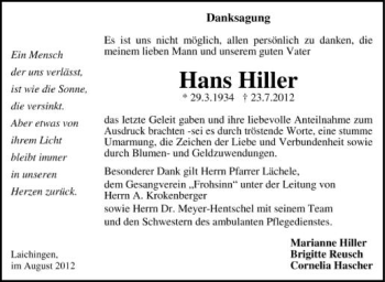 Anzeige von Hans  Hiller von Schwäbische Zeitung