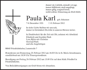 Anzeige von Paula Karl von Schwäbische Zeitung