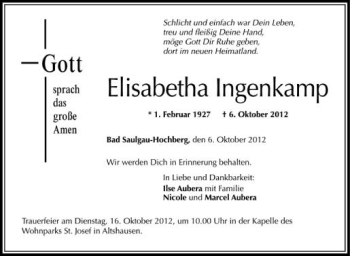 Anzeige von Elisabetha Ingenkamp von Schwäbische Zeitung
