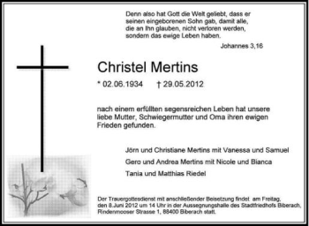 Anzeige von Christel Mertins von Schwäbische Zeitung