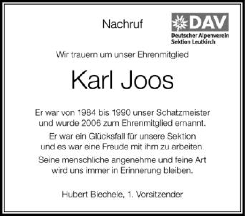  Traueranzeige für Karl Joos vom 16.06.2012 aus Schwäbische Zeitung