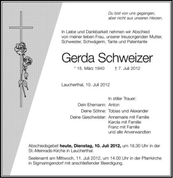 Anzeige von Gerda Schweizer von Schwäbische Zeitung