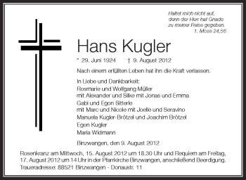 Anzeige von Hans Kugler von Schwäbische Zeitung