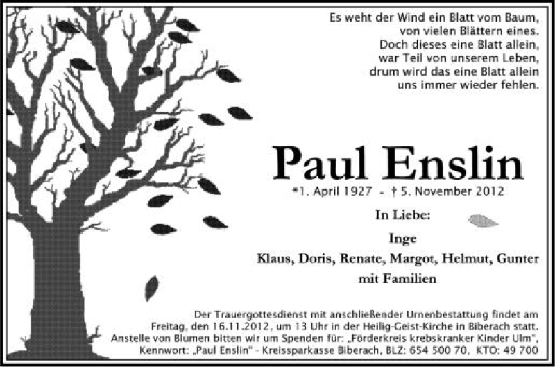  Traueranzeige für Paul Enslin vom 14.11.2012 aus Schwäbische Zeitung