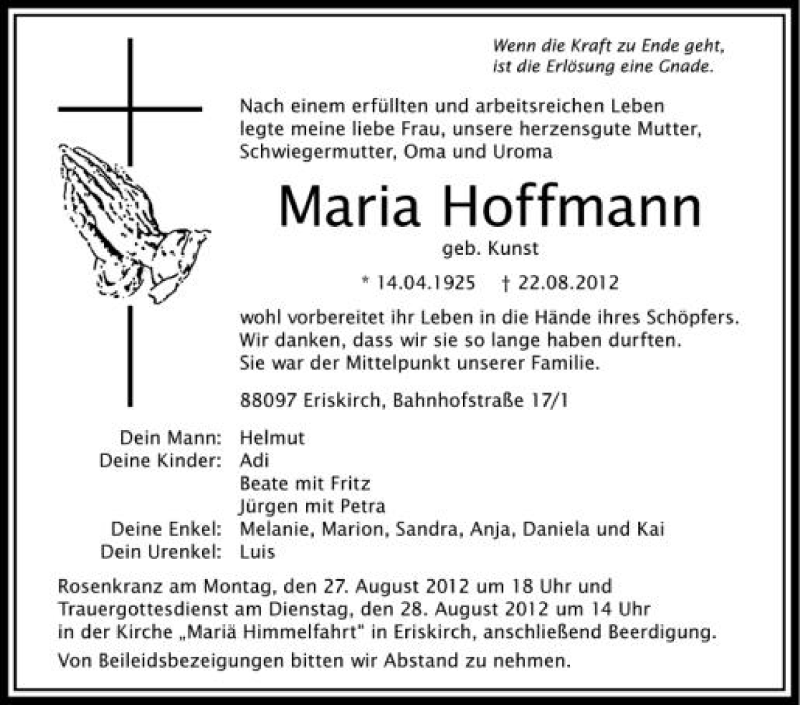  Traueranzeige für Maria Hoffmann vom 25.08.2012 aus Schwäbische Zeitung
