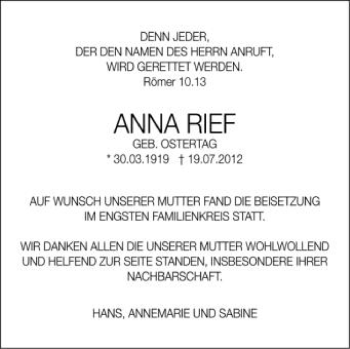 Anzeige von Anna Reif von Schwäbische Zeitung