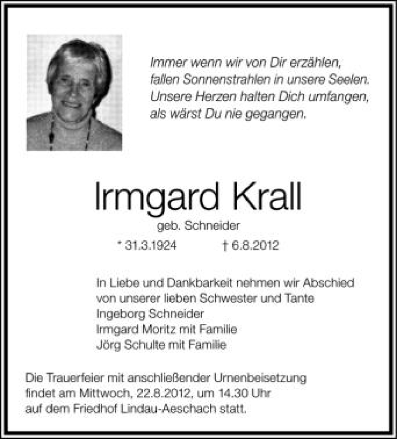  Traueranzeige für Irmgard Krall vom 21.08.2012 aus Schwäbische Zeitung