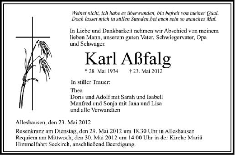  Traueranzeige für Karl Aßfalg vom 26.05.2012 aus Schwäbische Zeitung