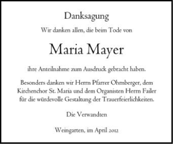 Anzeige von Maria Mayer von Schwäbische Zeitung