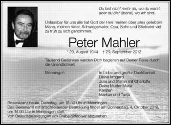 Anzeige von Peter Mahler von Schwäbische Zeitung