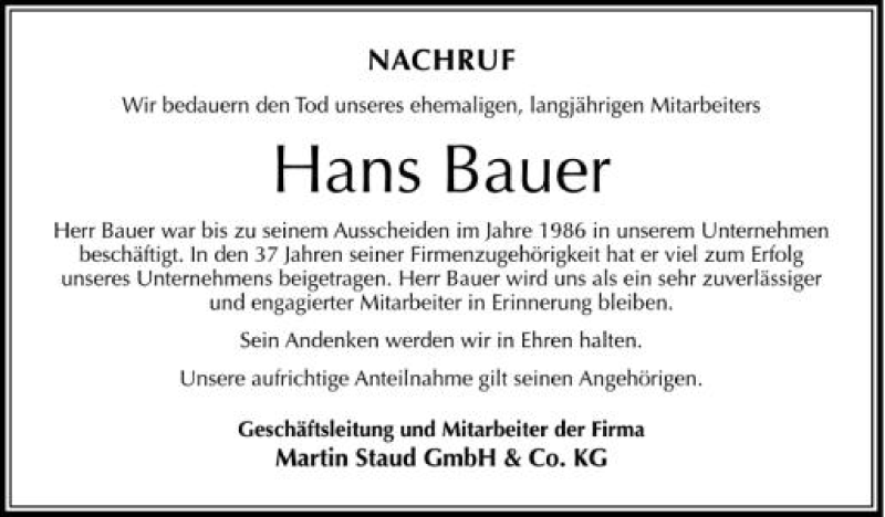  Traueranzeige für Hans Bauer vom 11.07.2012 aus Schwäbische Zeitung