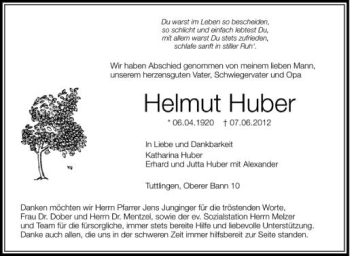 Anzeige von Helmut Huber von Schwäbische Zeitung