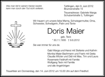 Anzeige von Doris Maier von Schwäbische Zeitung