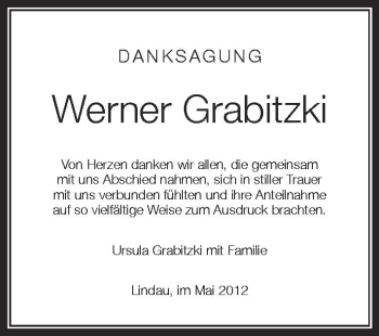 Anzeige von Werner Grabitzki von Schwäbische Zeitung