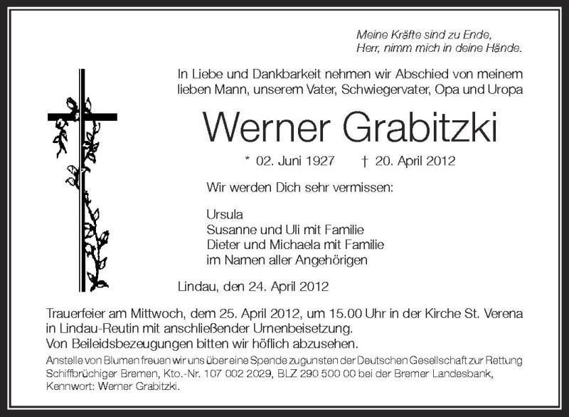  Traueranzeige für Werner Grabitzki vom 24.04.2012 aus Schwäbische Zeitung