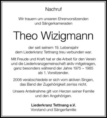 Anzeige von Theo Wizigmann von Schwäbische Zeitung