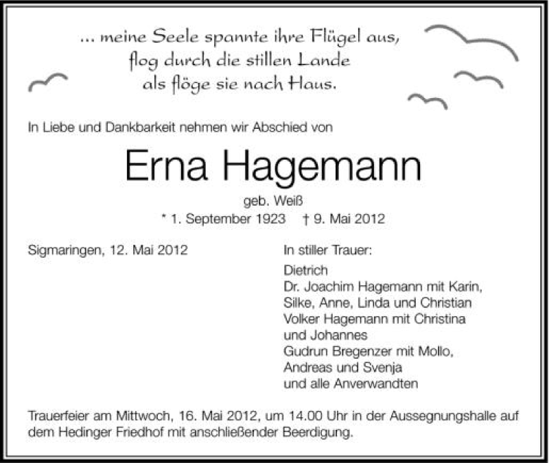  Traueranzeige für Erna Hagemann vom 12.05.2012 aus Schwäbische Zeitung