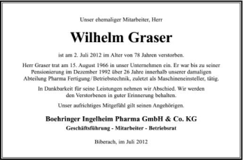 Anzeige von Wilhelm Graser von Schwäbische Zeitung