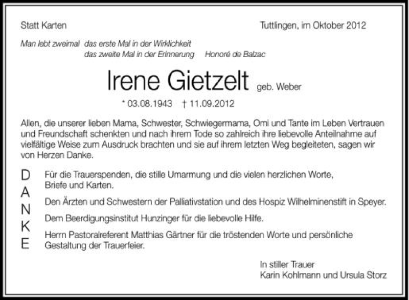  Traueranzeige für Irene Gietzelt vom 22.10.2012 aus Schwäbische Zeitung