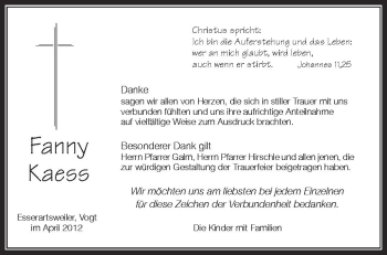 Anzeige von Fanny  Kaess von Schwäbische Zeitung