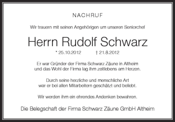 Anzeige von Rudolf Schwarz von Schwäbische Zeitung